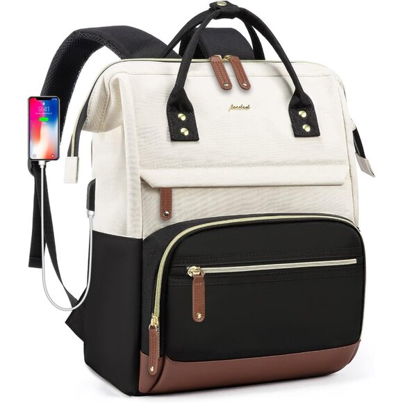 Women's Beige-black Laptop Backpack 15.6 Inch Work Travel Bag With Usb Charger - Picture 1 of 8